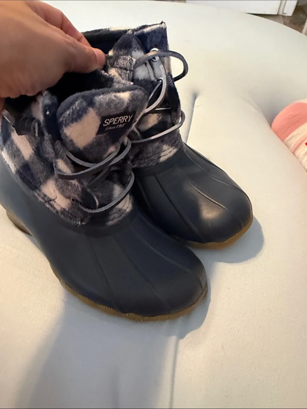 Sperry Navy and White Plaid Duck Boots - Kids